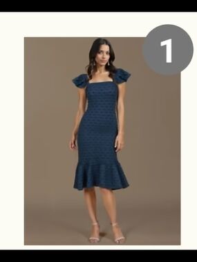 New York & Company Navy Textured Puff Sleeve Square Neck Midi Dress